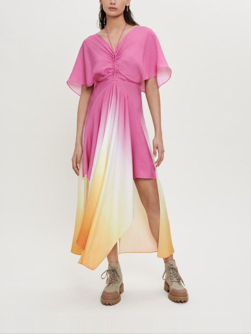 Maje Tie Dye Scarf Pink Ombre Maxi Dress with Yellow & Orange Hem Fr Sz 38